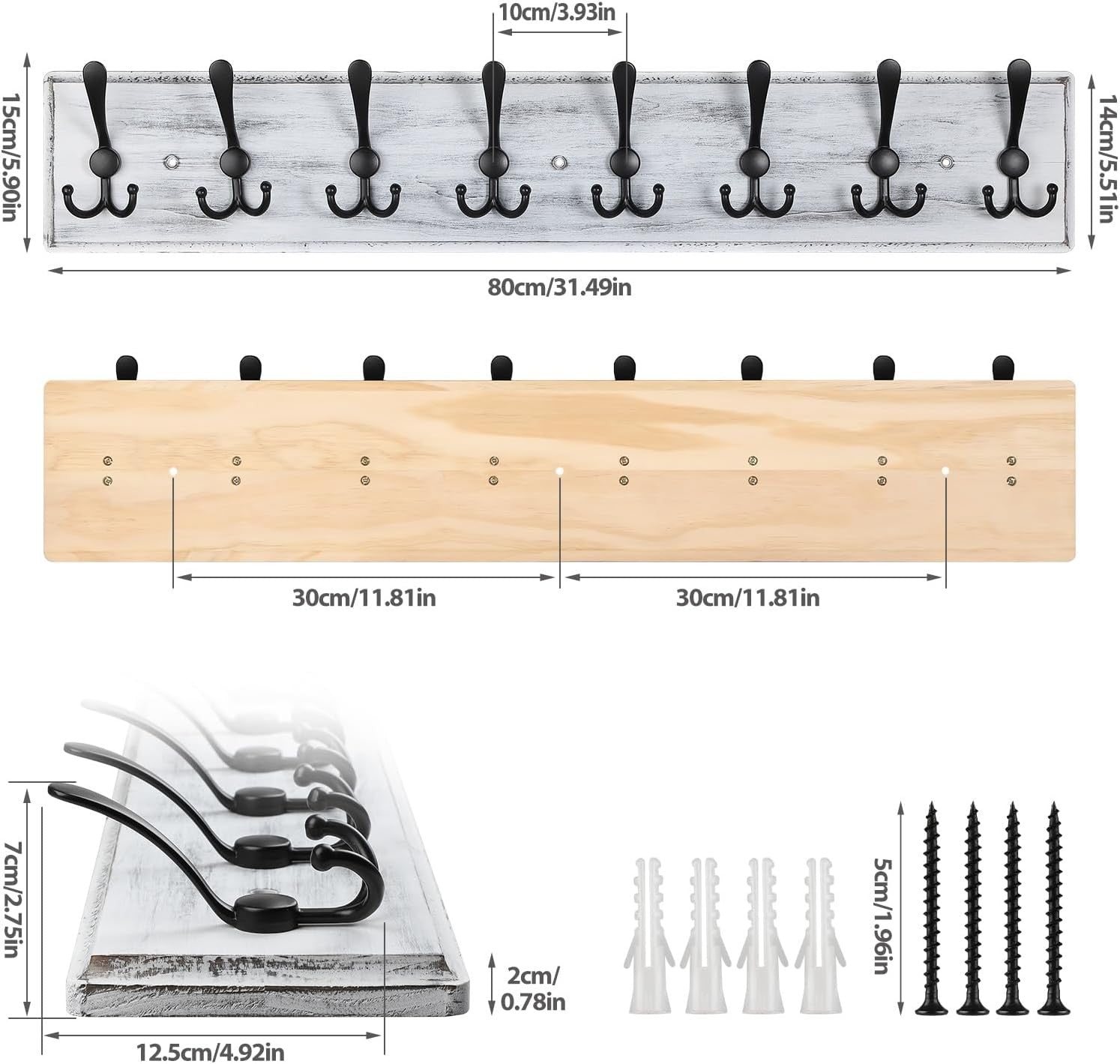 Grey Wooden Wall Mounted Coat Rack | 8 Hook Heavy Duty Hanger for Hallway