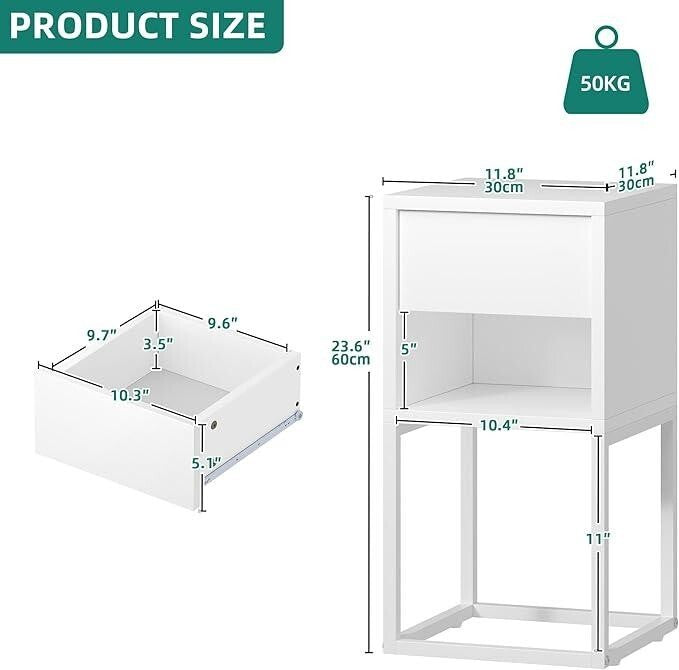 2x LED Bedside Tables White Slim Nightstand Drawer Small Side Table