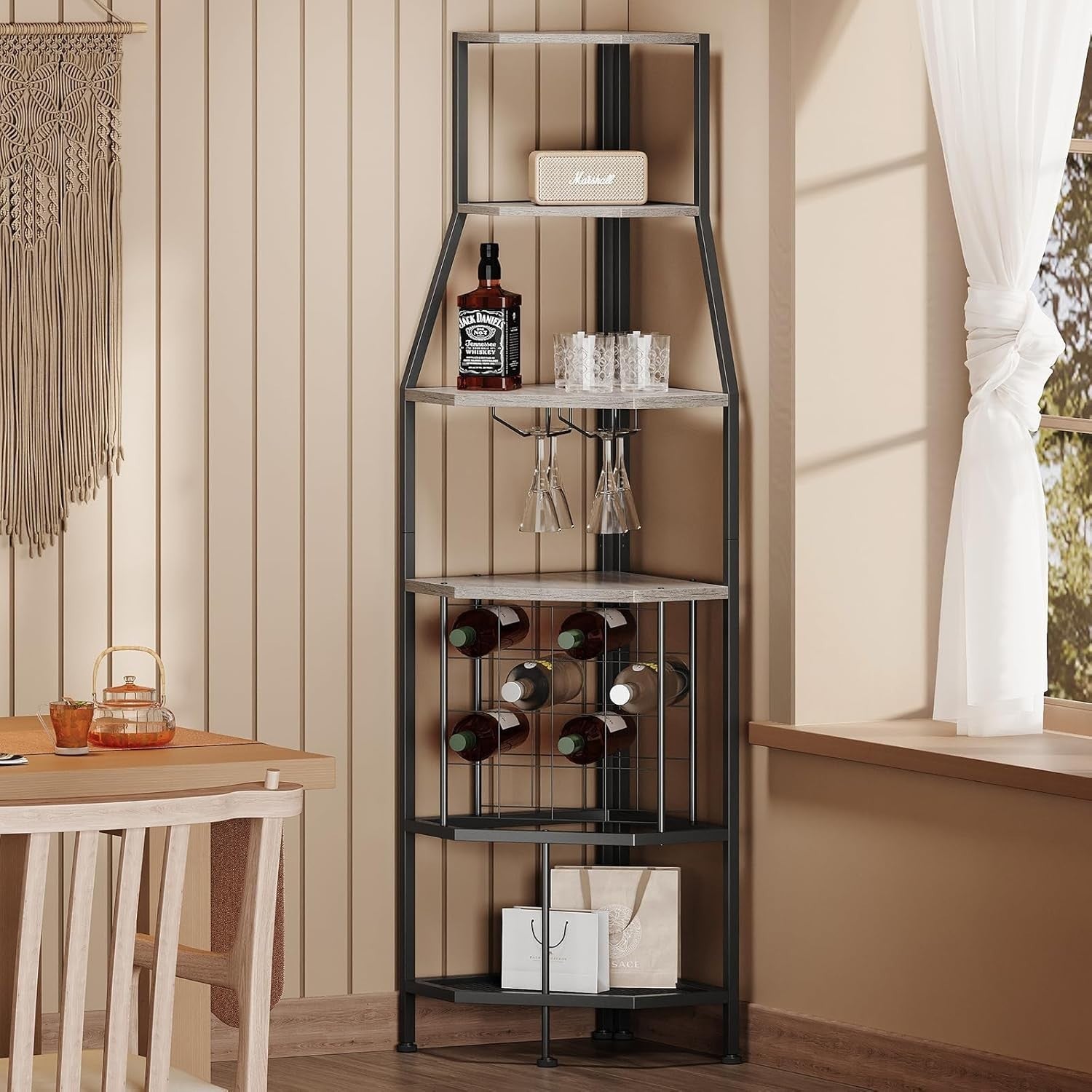 5-Tier Corner Wine Rack with Glass Holder Grey Bottle Storage Home Bar Shelf