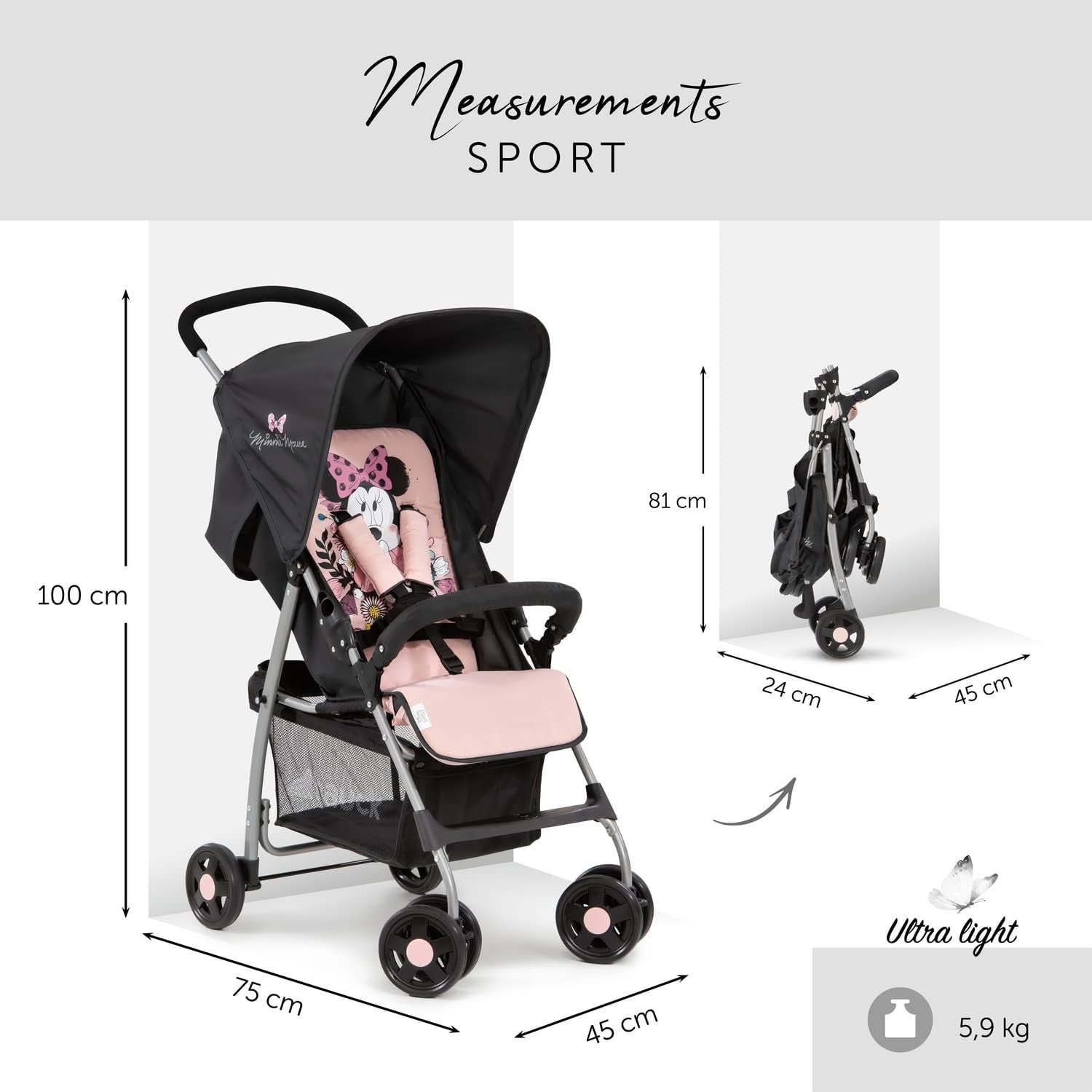 Minnie Sweetheart Lightweight Travel Pushchair 5.9kg Compact Fold Buggy