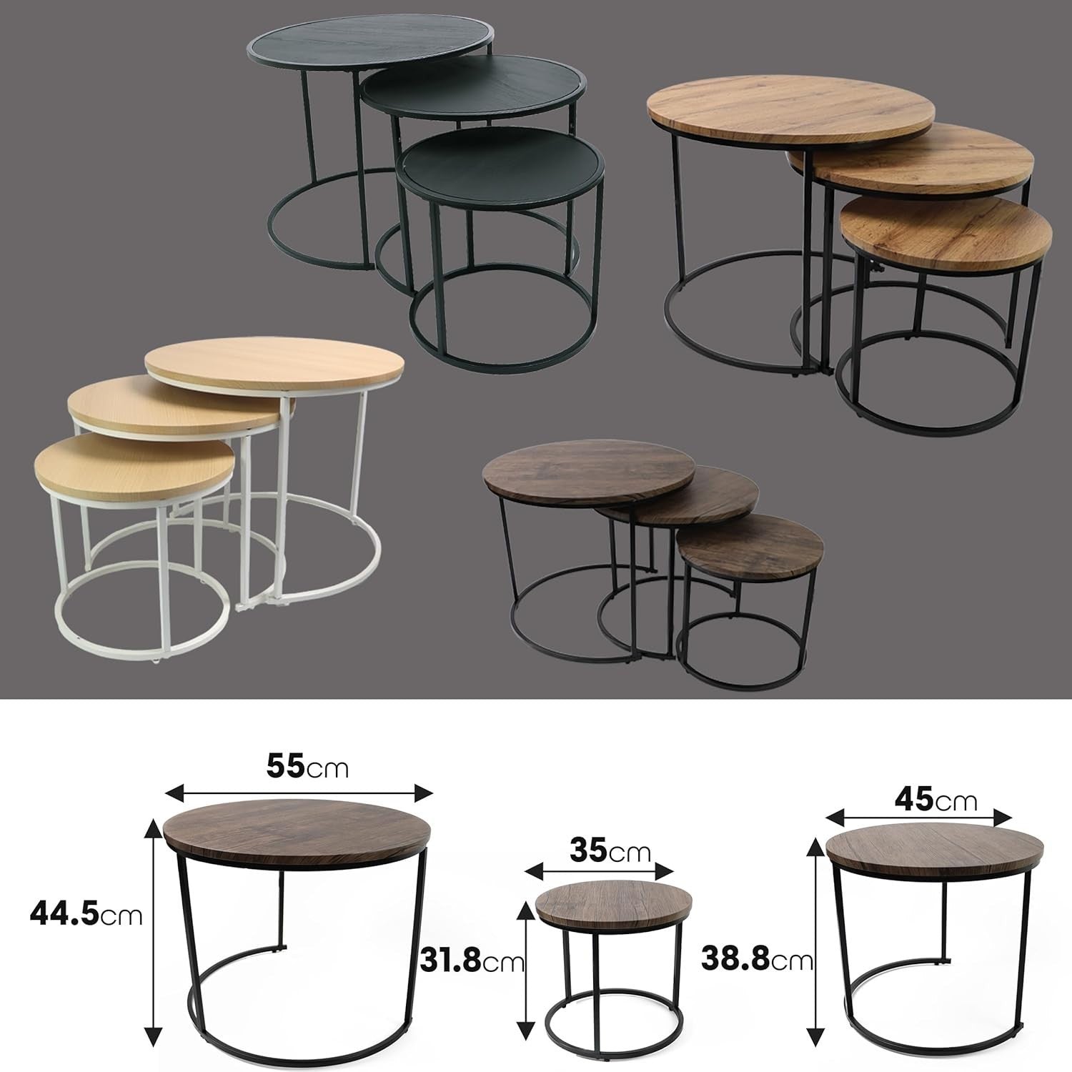Space Saving Nesting End Tables Set 3 Round White Oak Wood Look Side Coffee