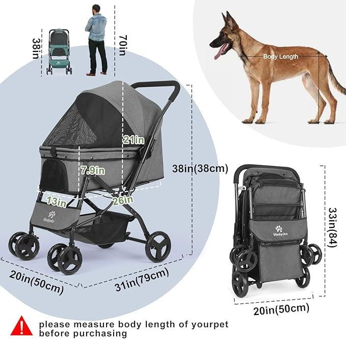 Dark Grey Pet Stroller Foldable Dog Cat Pram 33lb Capacity Travel Pushchair