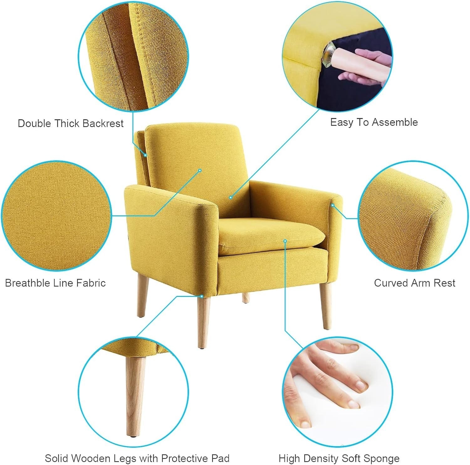 Yellow Lounge Armchair Upholstered with Wood Legs for Living Room Bedroom