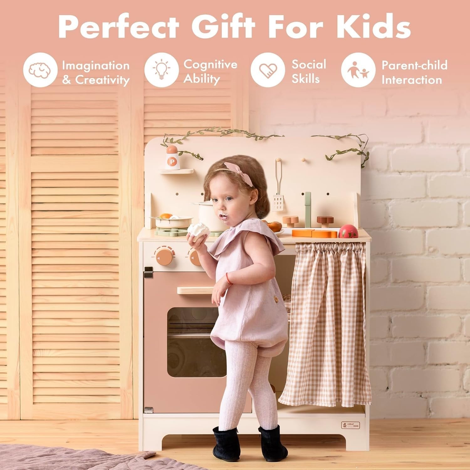 Wooden Kids Play Kitchen Set w/ Apron Oven Sink Rustic Pink Toy