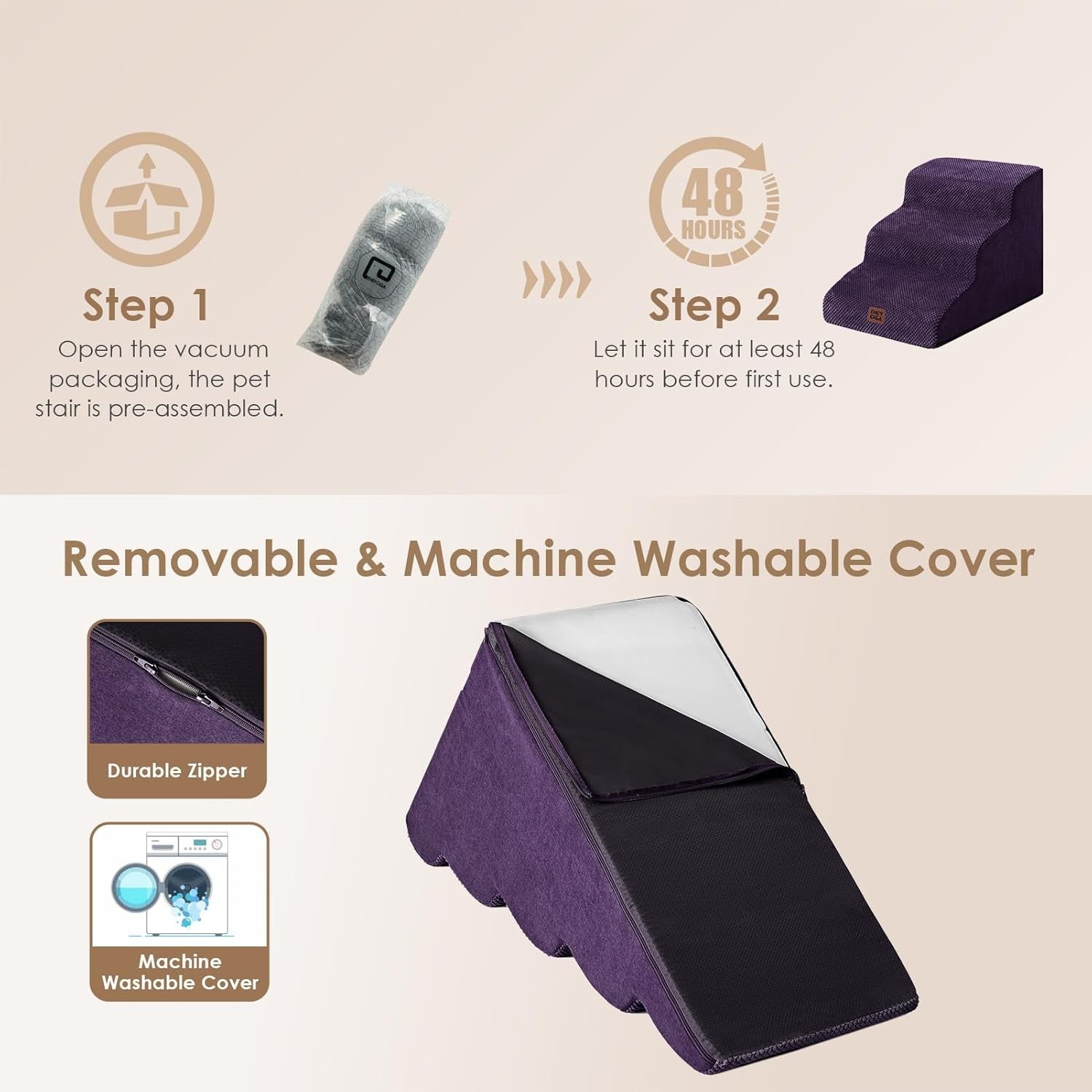 3 Step Dog Stairs for Bed Non Slip Foam Pet Steps Purple