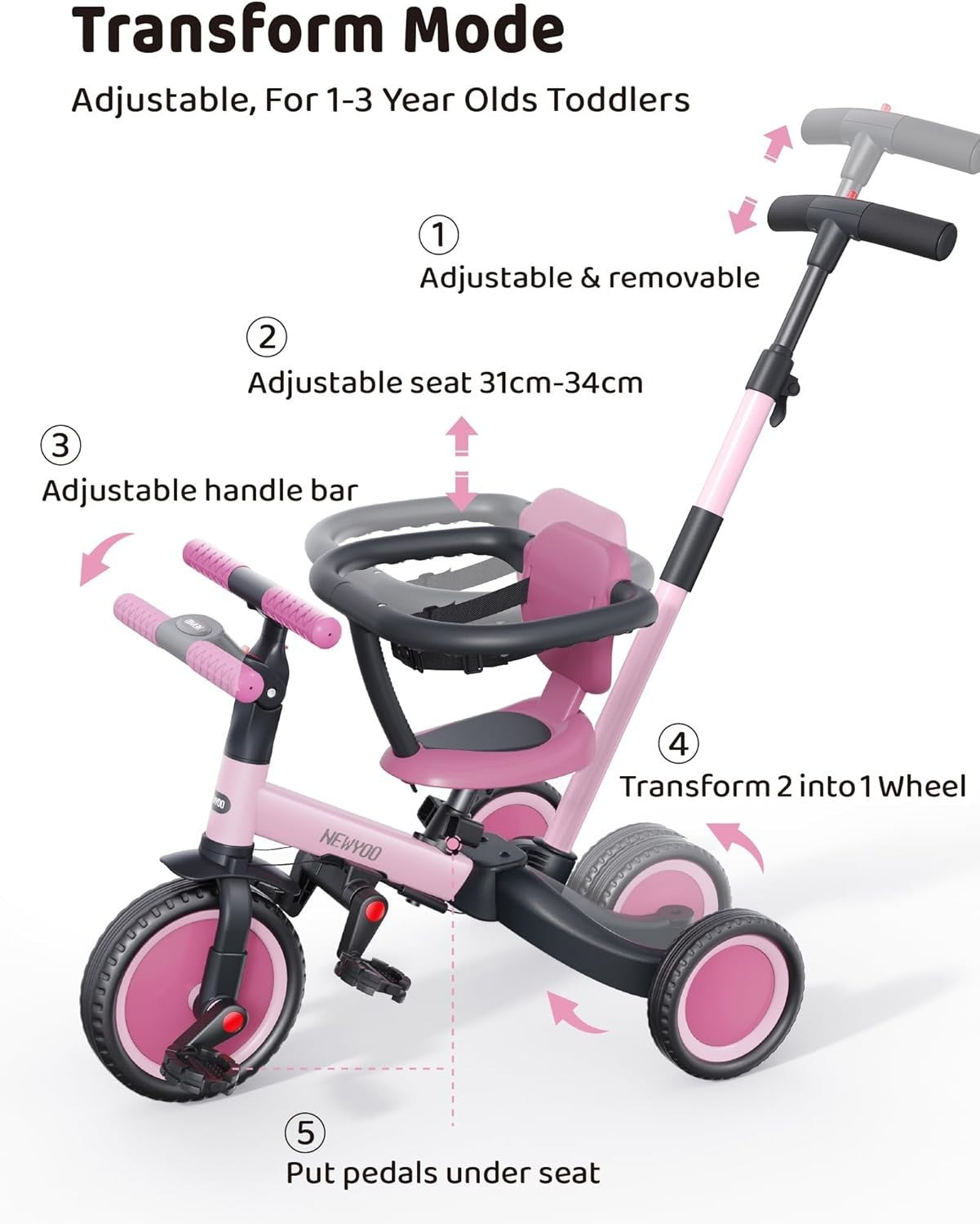 5 in 1 Toddler Tricycle Parent Handle Safety Guard Balance Bike Rose