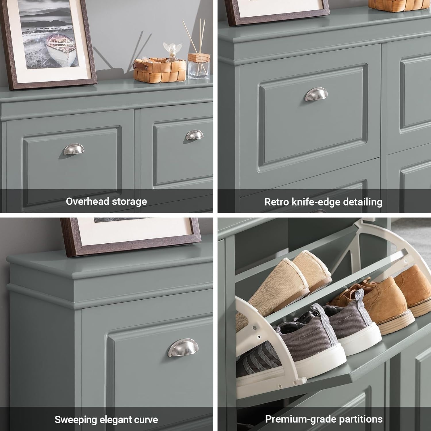 Slim Grey Shoe Storage Cabinet with 4 Flip Drawers, Space-Saving 105x24x82cm