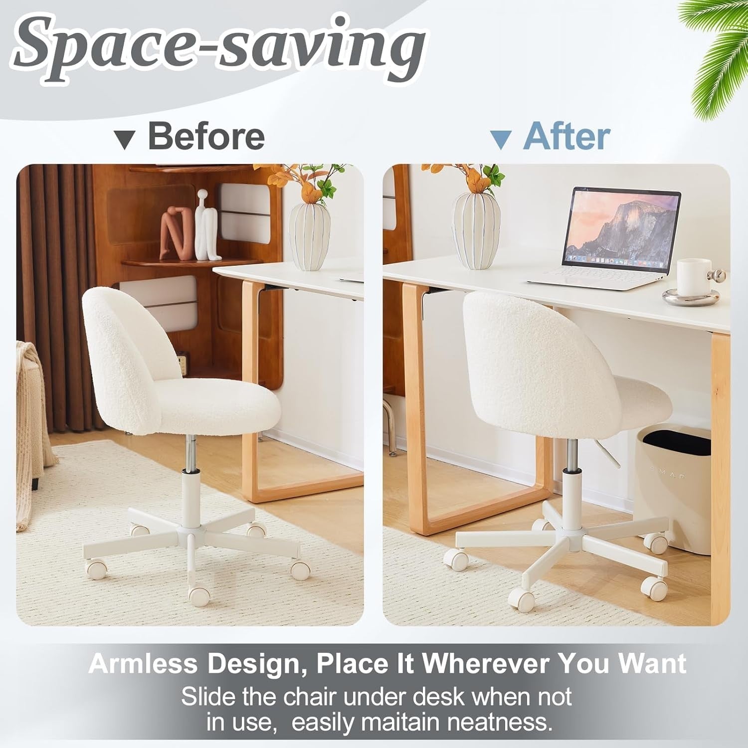 Elegant White Teddy Fleece Swivel Desk Chair Small Adjustable Vanity Seat