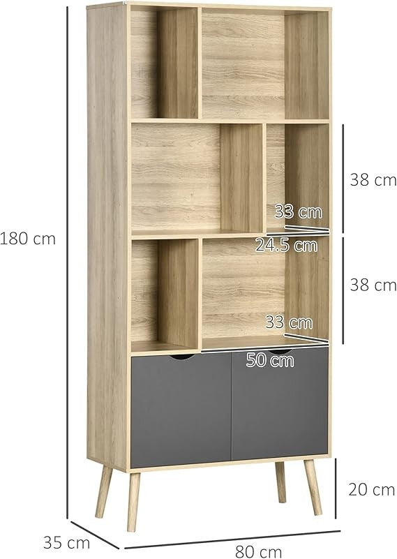 Modern Freestanding Bookcase with Cabinet, 6 Open Shelves, Tall Storage Unit