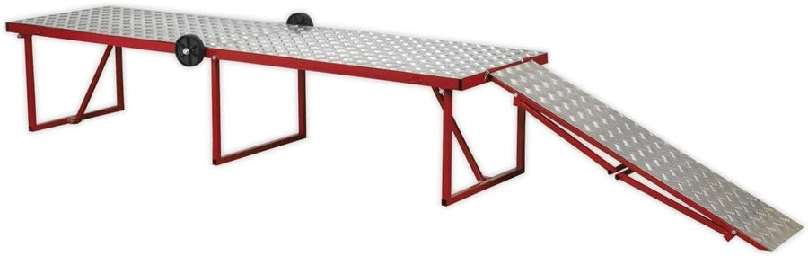 Portable Folding Motorcycle Workbench 360kg Capacity Ramp & Wheels 600x2200mm