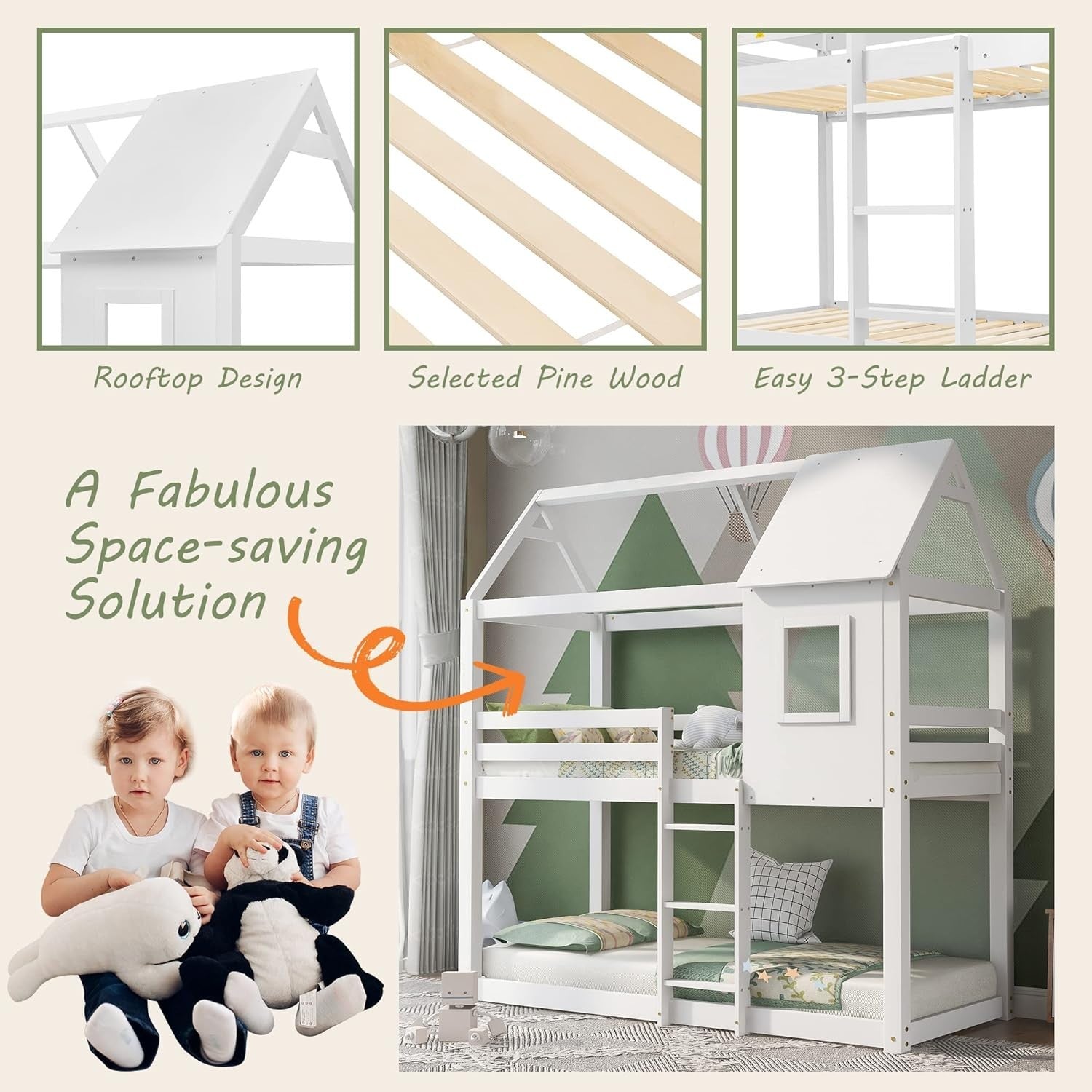 White Kids Bunk Bed w/ Ladder, Roof, Window & Guardrails 90x190cm