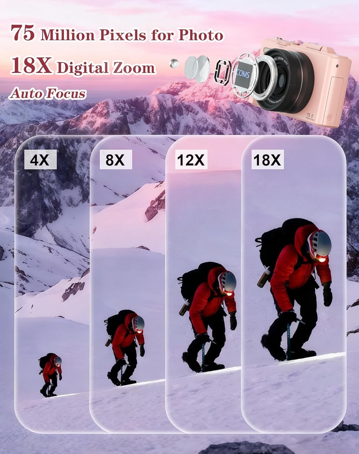 5K 75MP Vlogging Camera WiFi Flip Screen Pink Camera 64GB Kit