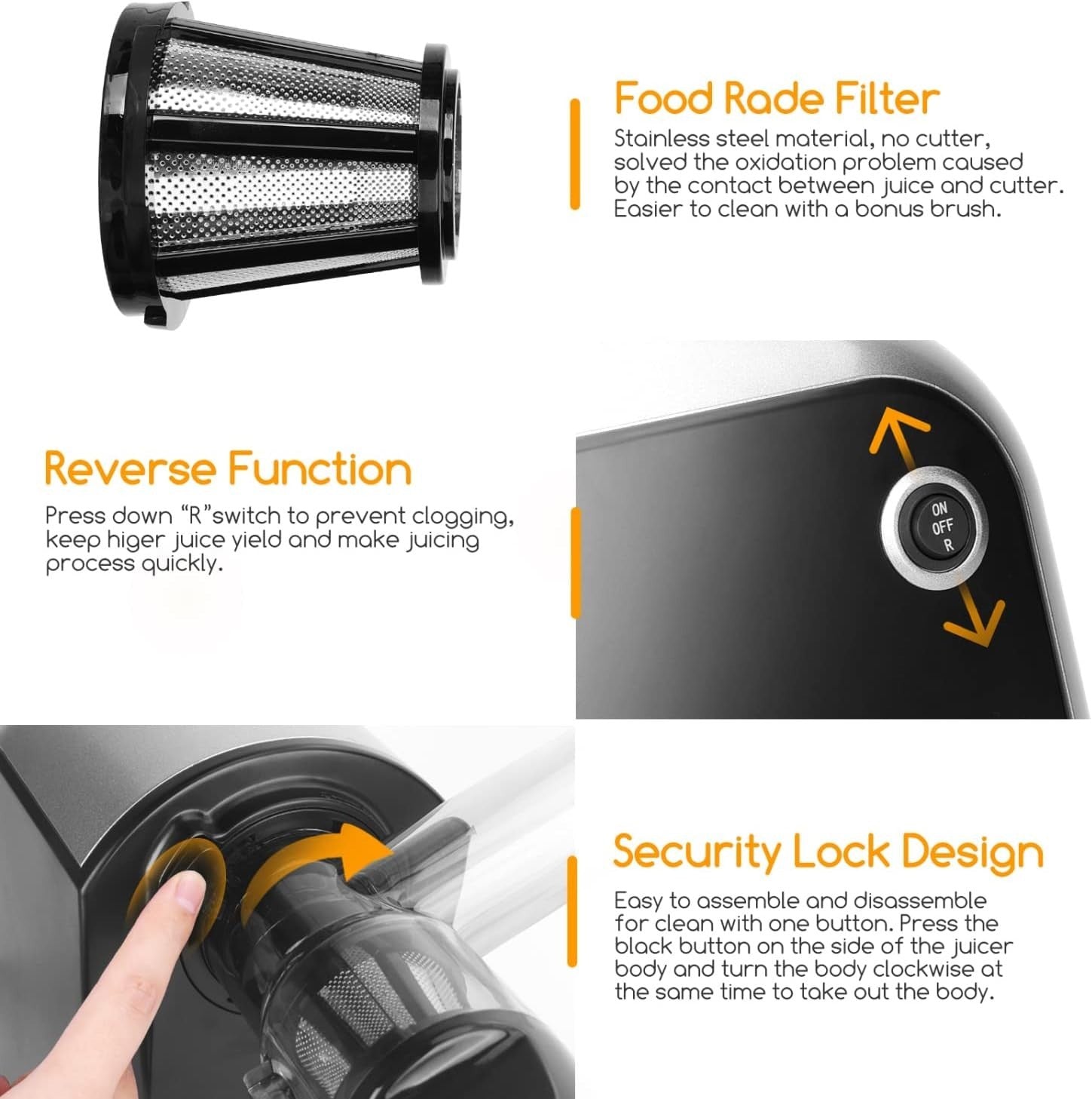 Cold Press Slow Juicer Quiet Motor High Yield Easy Clean Reverse