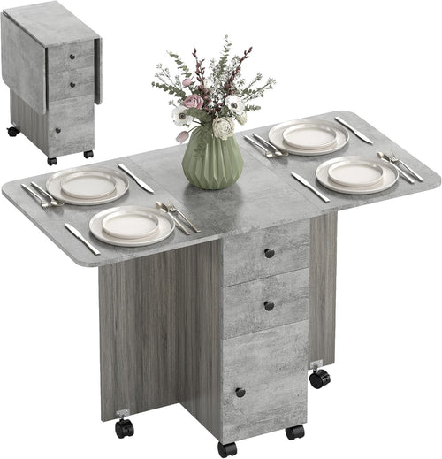 Folding Drop Leaf Dining Table on Wheels with Storage Drawers Cabinet Grey