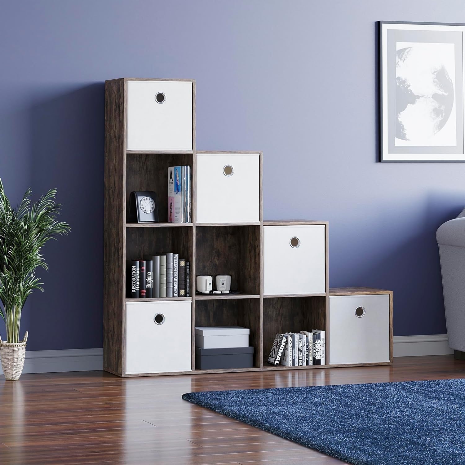 Dark Wood 10 Cube Staircase Bookcase with 5 White Baskets Storage Unit