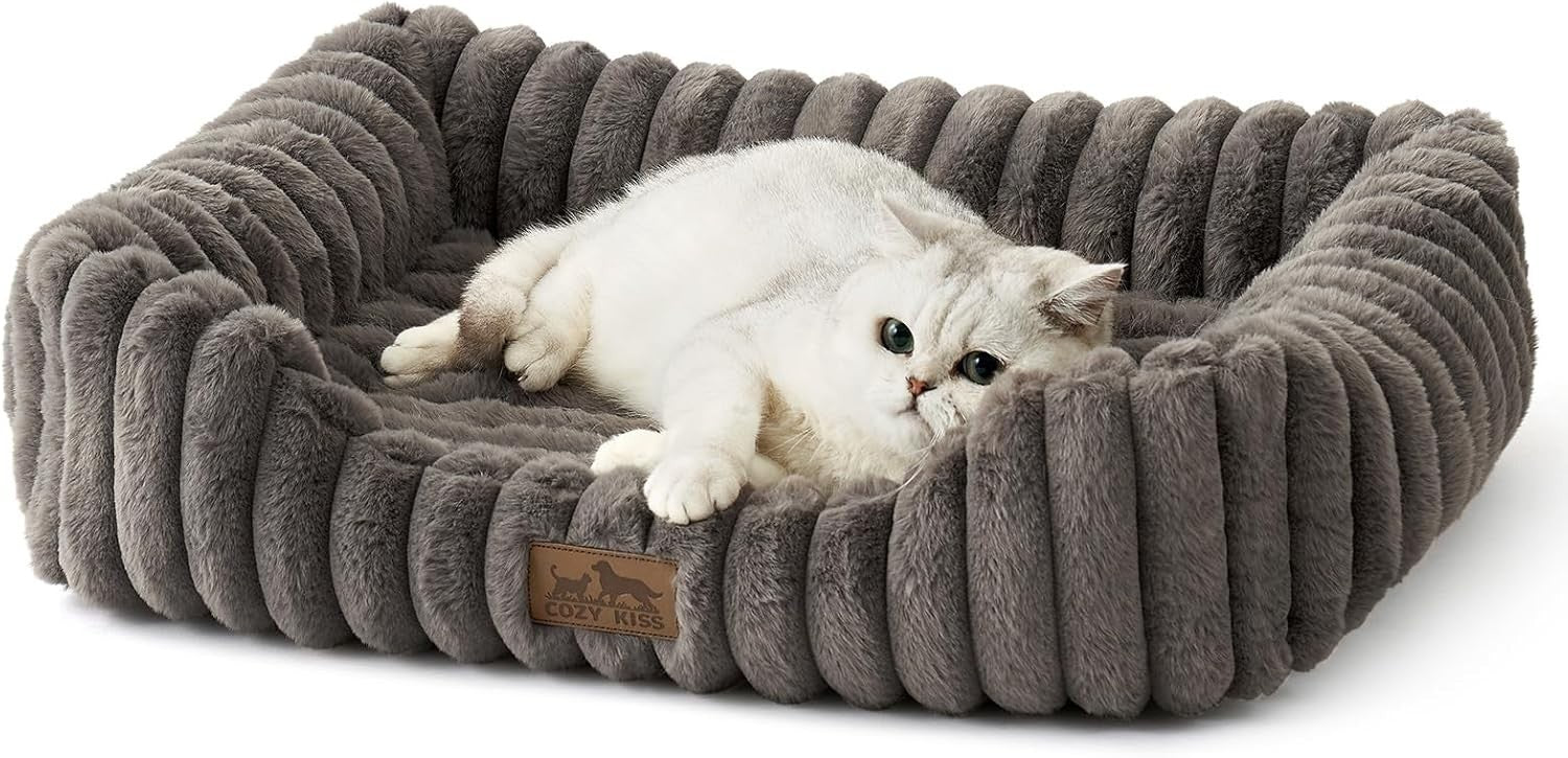 Orthopedic Small Dog Bed Faux Fur Washable 25x21in Grey
