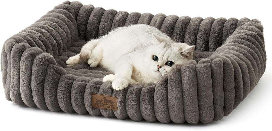 Orthopedic Small Dog Bed Faux Fur Washable 25x21in Grey