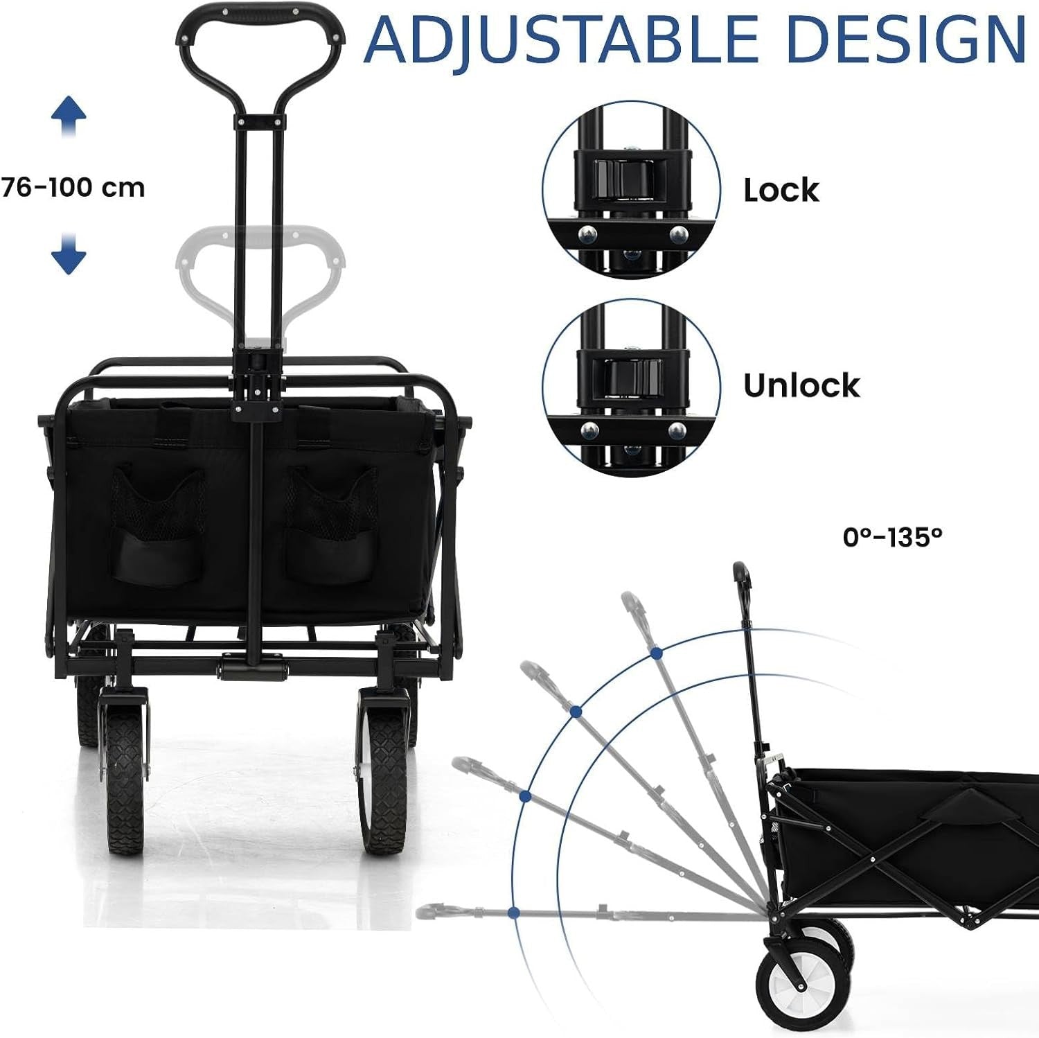 Folding Festival Trolley Wagon 82L Heavy Duty Cart All Terrain Wheels Black