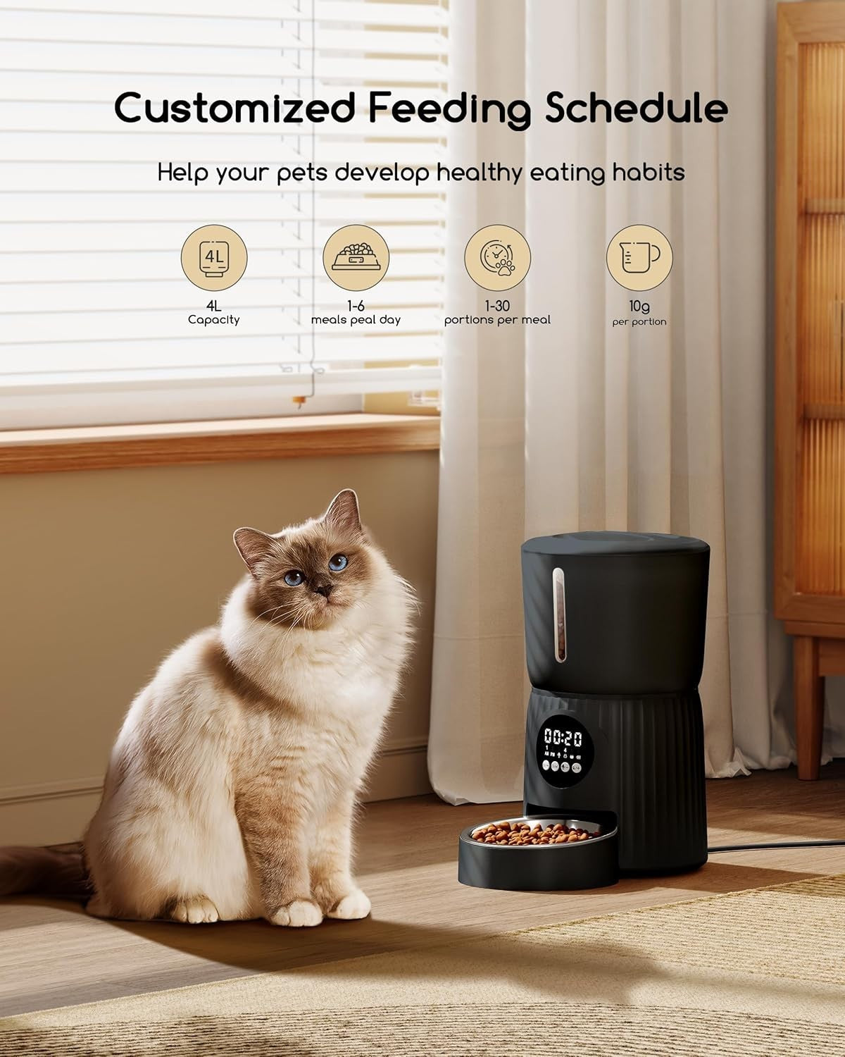 Automatic Cat Feeder 4L Timer Food Dispenser Portion Control Voice Record