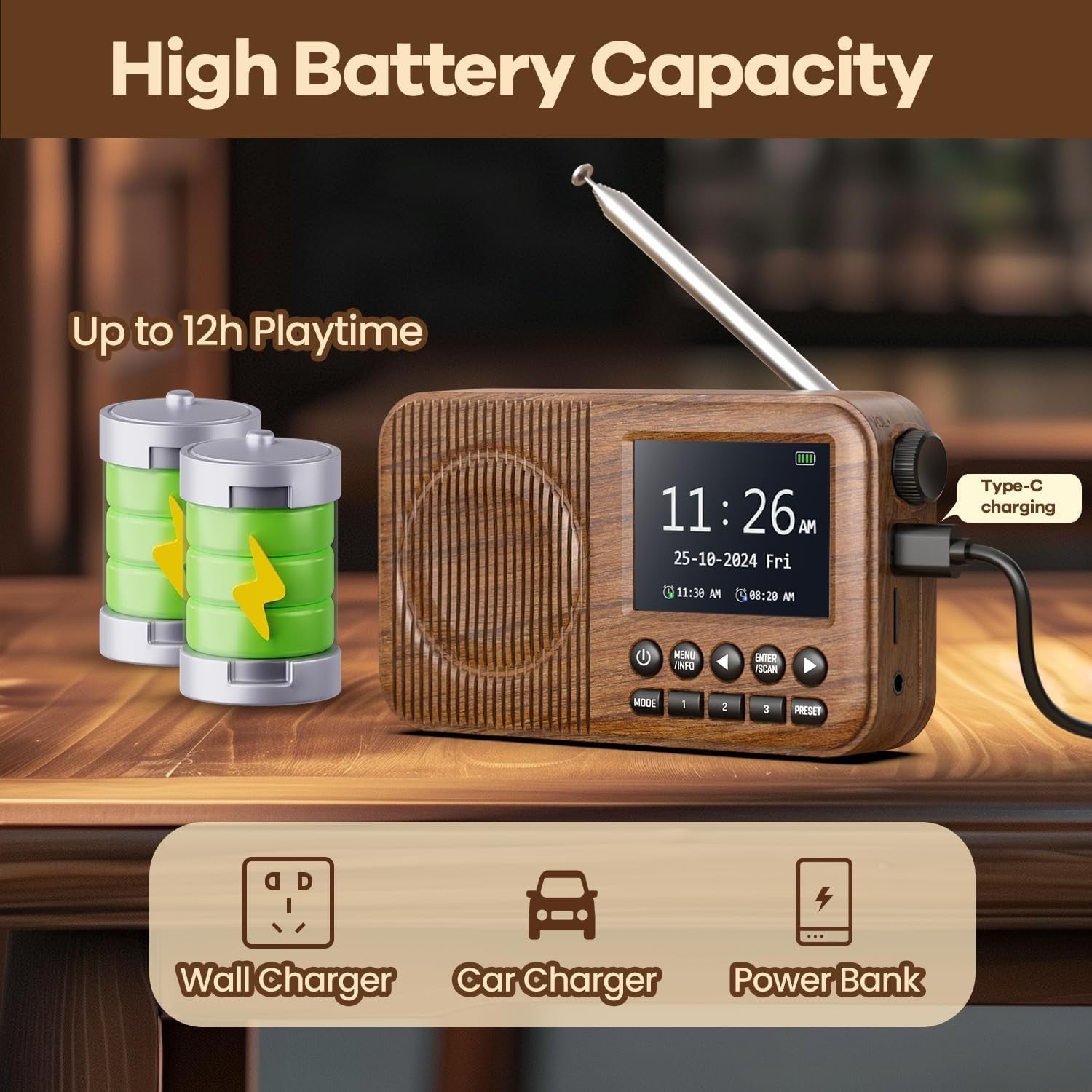 Portable DAB/DAB+ Digital Radio with Bluetooth 60 Presets & Dual Alarms