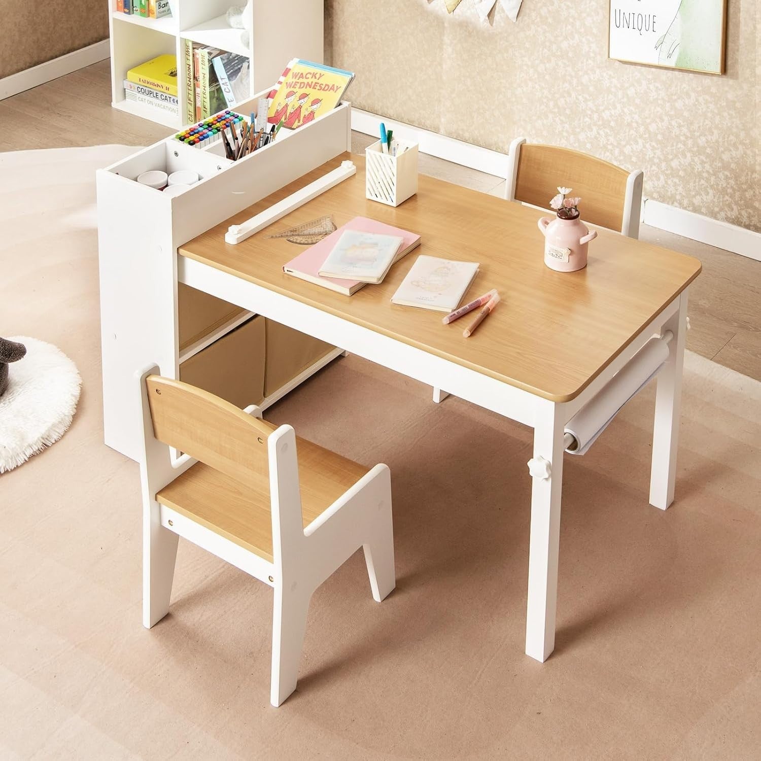 Kids Art Table & Chairs Set with Paper Roll + Storage – Drawing & Craft