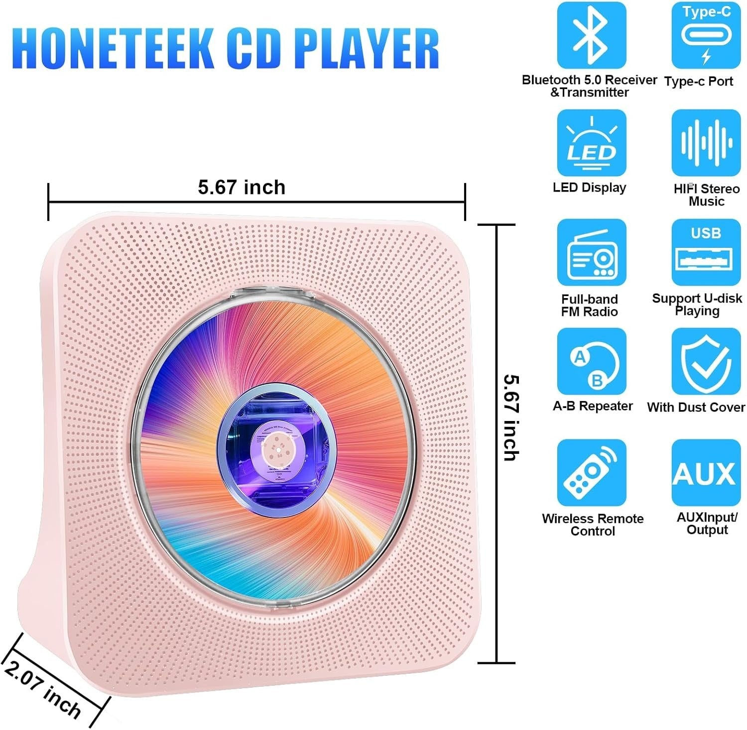 Pink Bluetooth CD Player FM Radio USB AUX HiFi Speakers Remote LED
