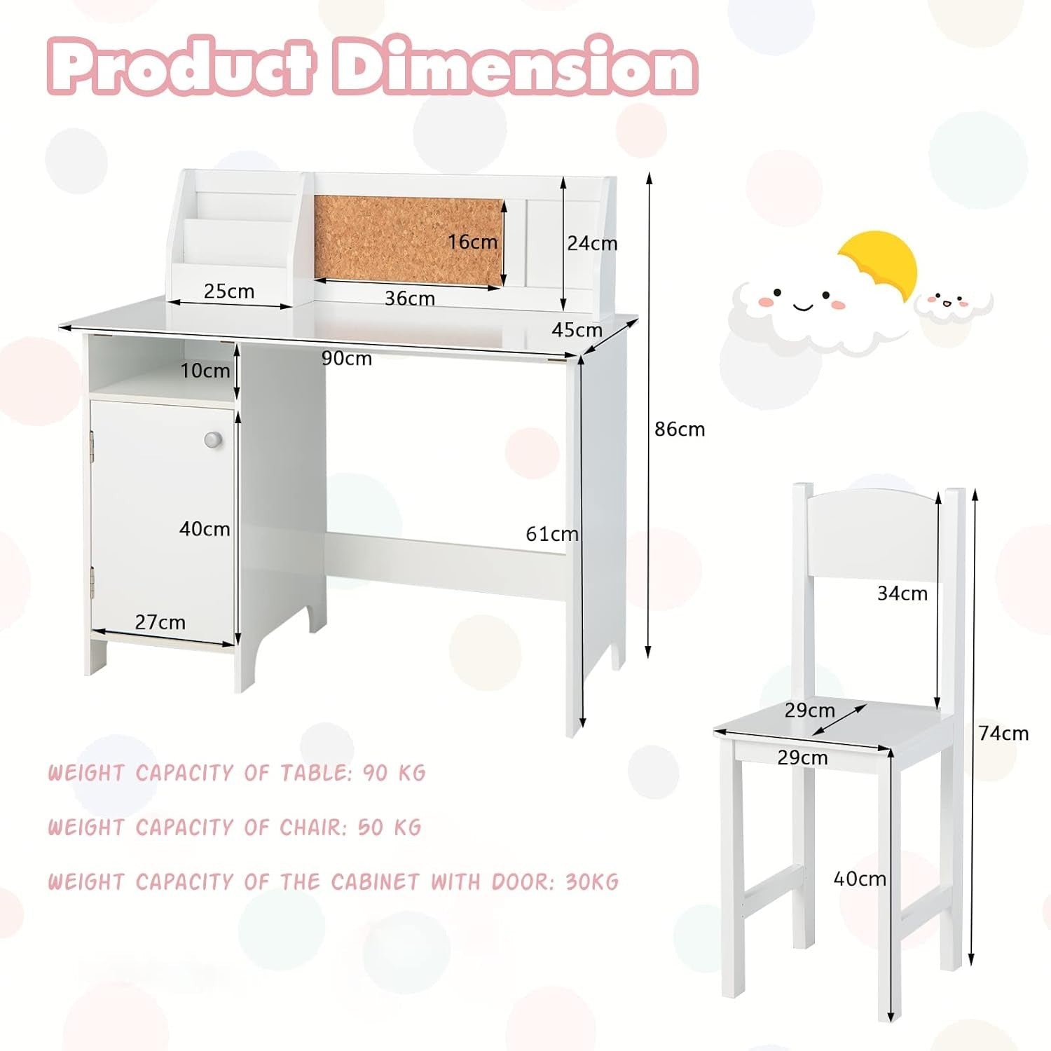 Kids Study Desk & Chair Set with Storage Cabinet, Cork Board, Ergonomic Design