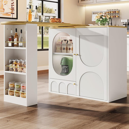 Extendable Kitchen Island Table with 360° Rotation & Dual Door Storage White