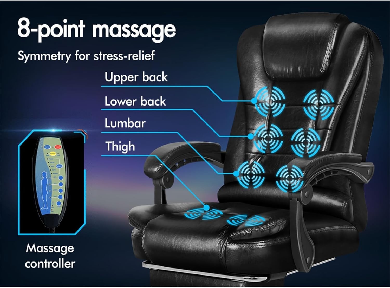 Glossy Black Massage Office Chair Heated 8-Point Recliner Footrest Ergonomic