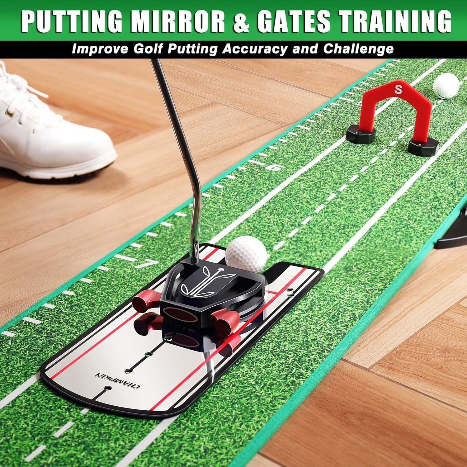 Golf Putting Green Trainer Mat w/ Hazards Mirror Gates Indoor Practice