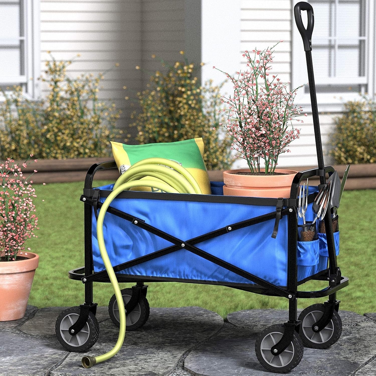 Collapsible Garden Wagon Foldable Utility Cart Adjustable Height 120kg Blue
