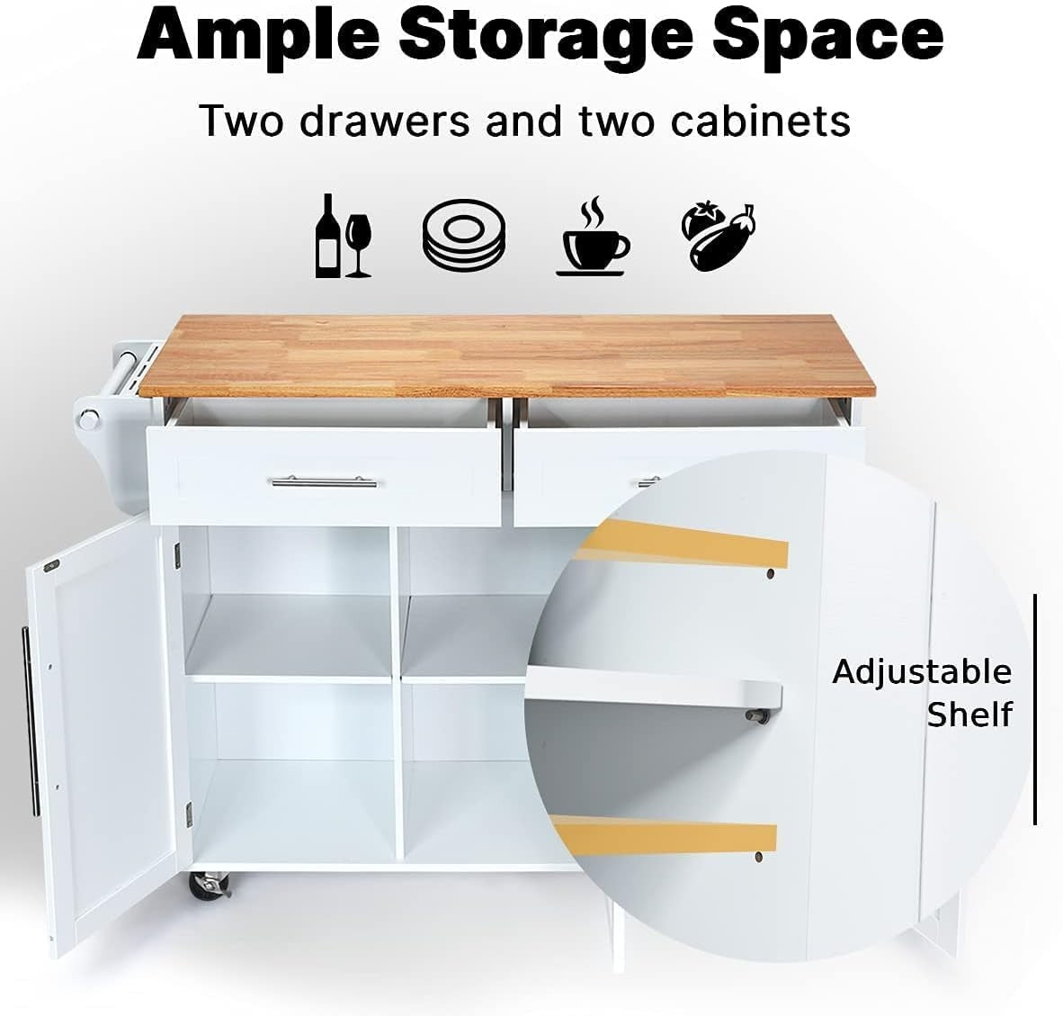 Kitchen Island Trolley on Wheels Storage Cabinet Drawers Knife Rack White