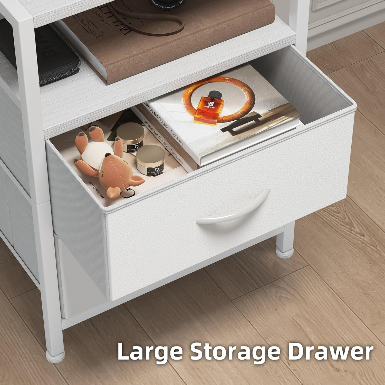 White Bedside Table with Charging Station & LED Light, 2 Drawers