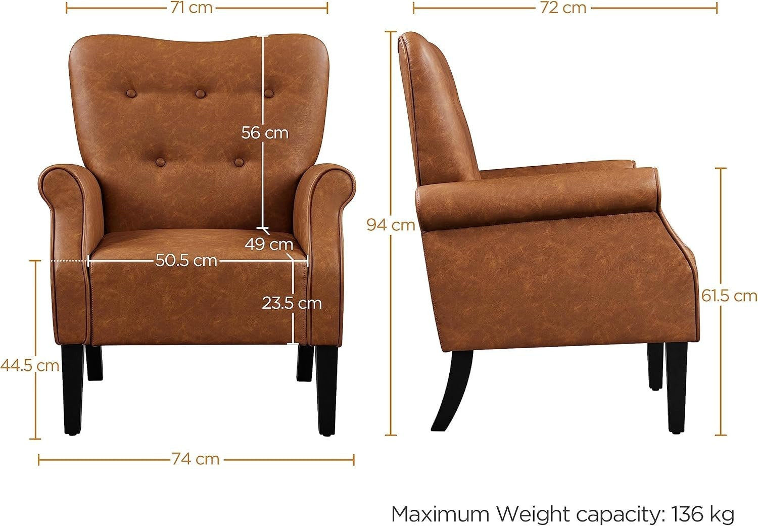 Retro Brown PU Leather Tub Chair Accent Armchair Padded Living Room Seat
