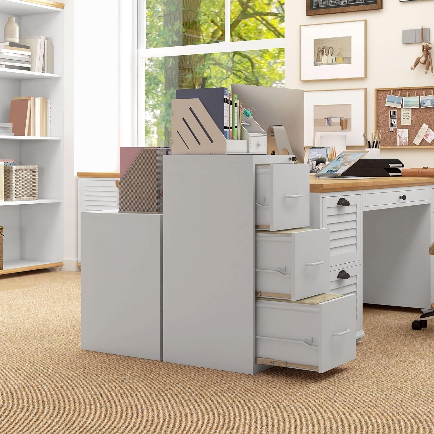 Cream White Steel Filing Cabinet 3 Drawer Lockable 99cm Office