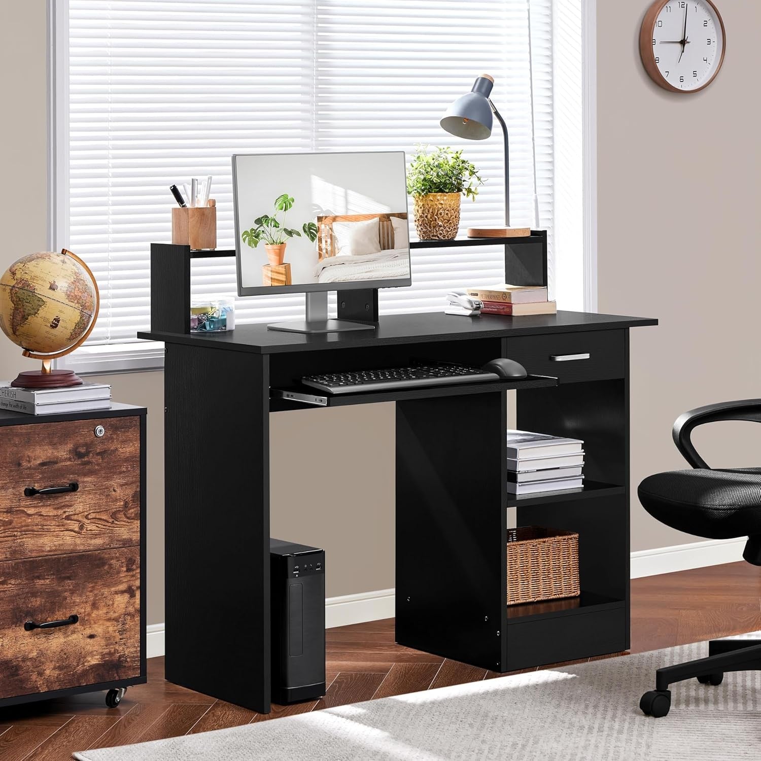 Black Computer Desk with Drawers Storage Shelf Keyboard Tray Home Office