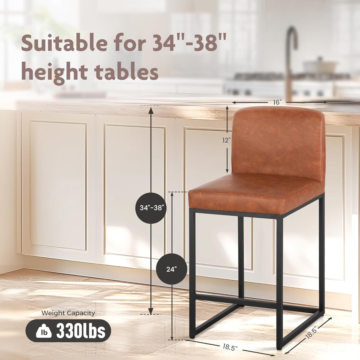 Oversized PU Leather Bar Stools Set of 2 – Comfortable Kitchen & Counter Chairs