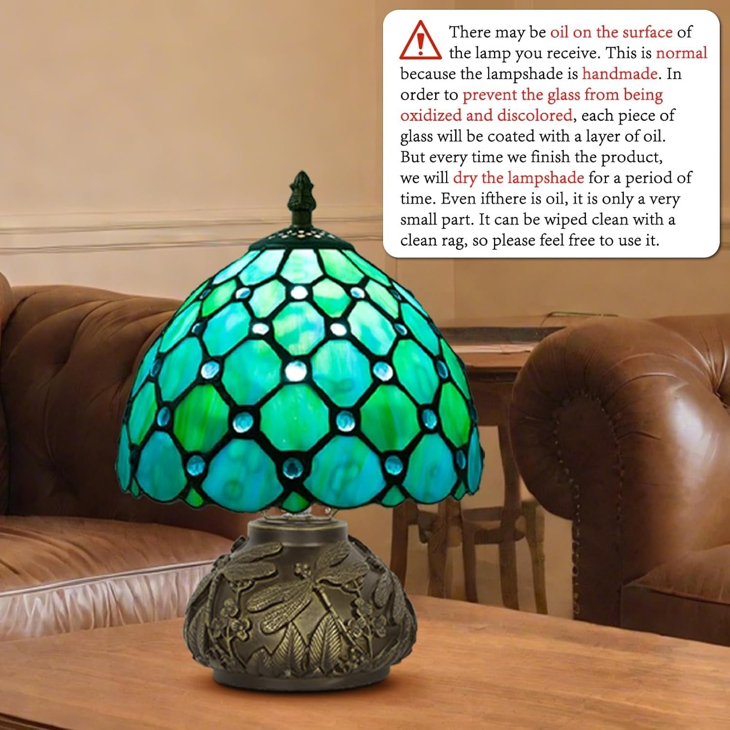 Tiffany Style Stained Glass Desk Lamp with Dragonfly Base, 3 Color Modes