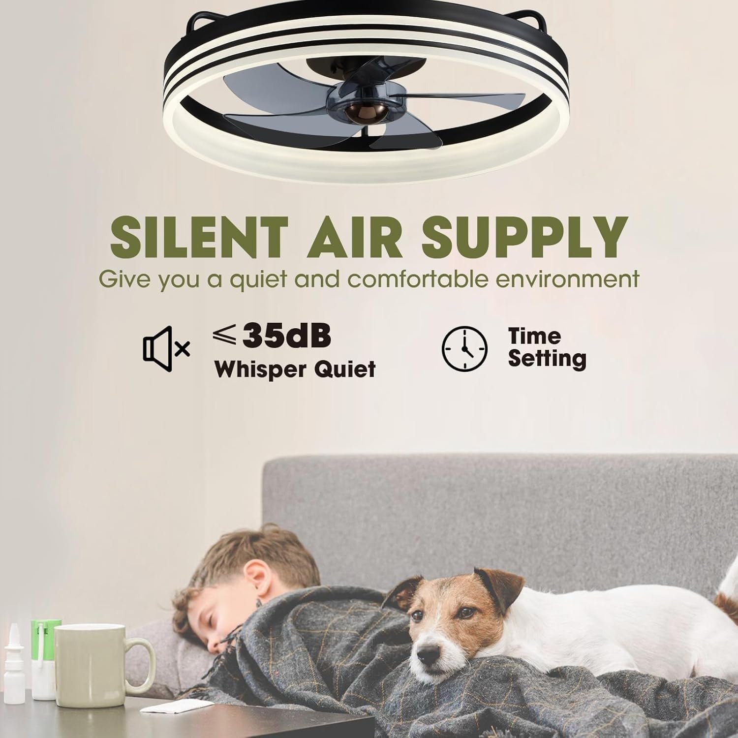 50cm Modern Black Ceiling Fan Light with Remote & App, 6 Speeds, Dimmable LED