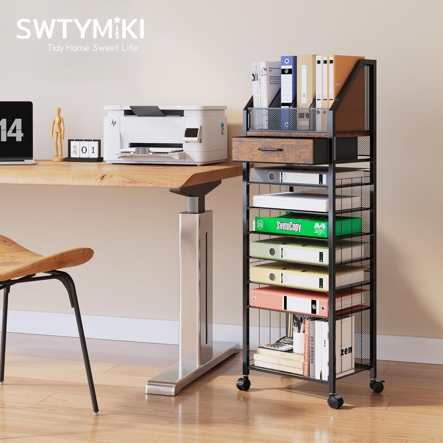 9-Tier Rolling File Cart with Drawer & Trays – Mobile Desk Organizer