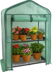 2 Tier Mini Greenhouse with Roll-Up Door | Compact Outdoor Plant Stand