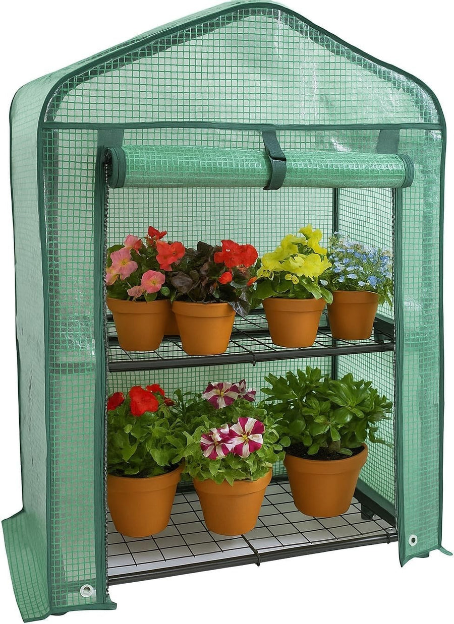 2 Tier Mini Greenhouse with Roll-Up Door | Compact Outdoor Plant Stand