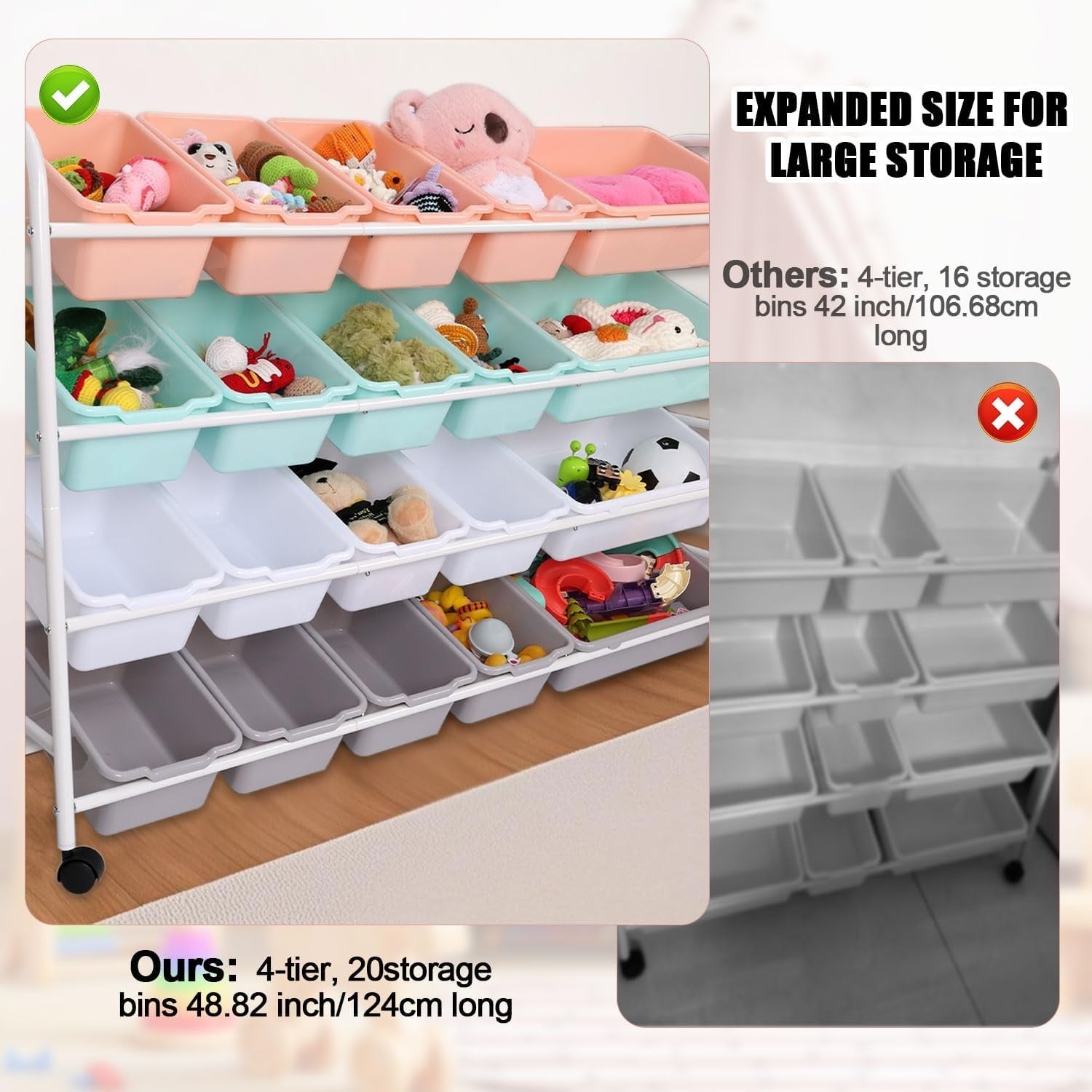 Extra Large Kids Toy Storage Organizer 4 Tier Rack with 20 Bins & Wheels