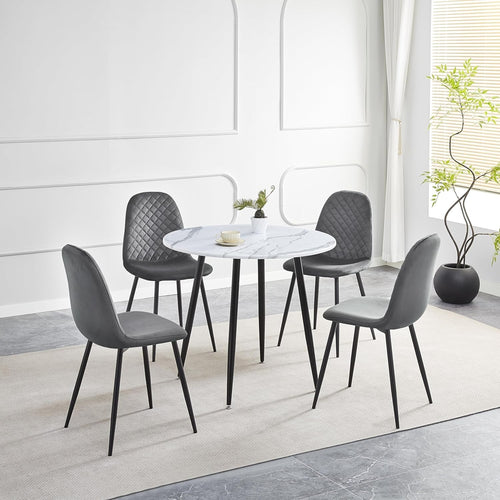 Round Marble Dining Table Set 4 Grey Velvet Chairs Modern 90cm Kitchen