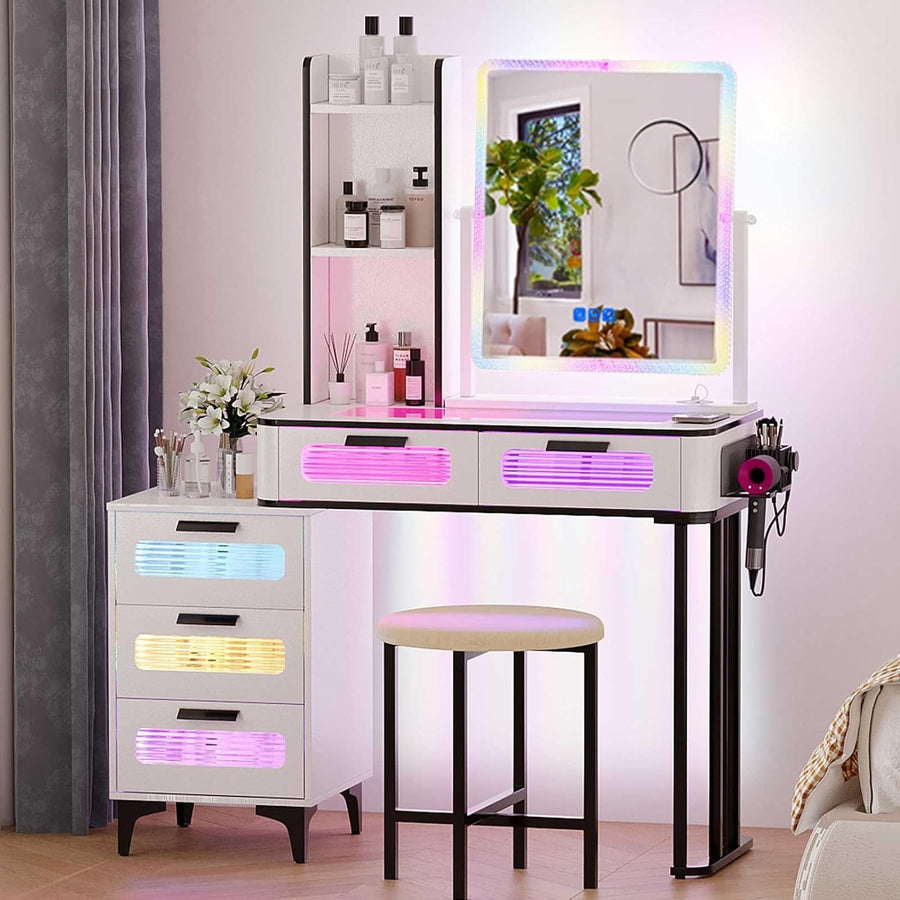 White Vanity Dressing Table Set 10 LED Lights Storage Shelf Cabinet & Gold Handl