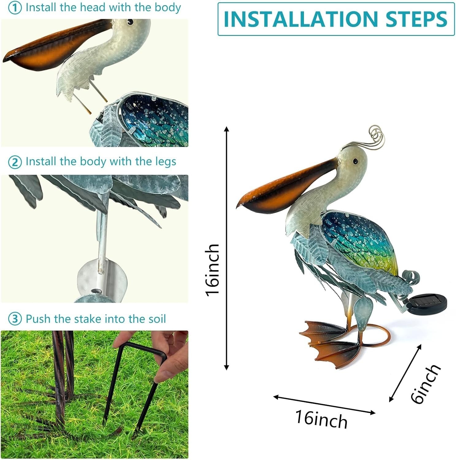 Solar Pelican Garden Ornament Metal LED Light Outdoor Patio Decor 17" Coastal