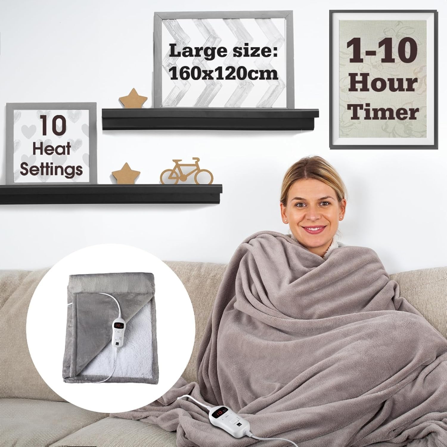 Electric Heated Throw Blanket Fast Heat Fleece 10 Settings Timer Grey 160x120cm