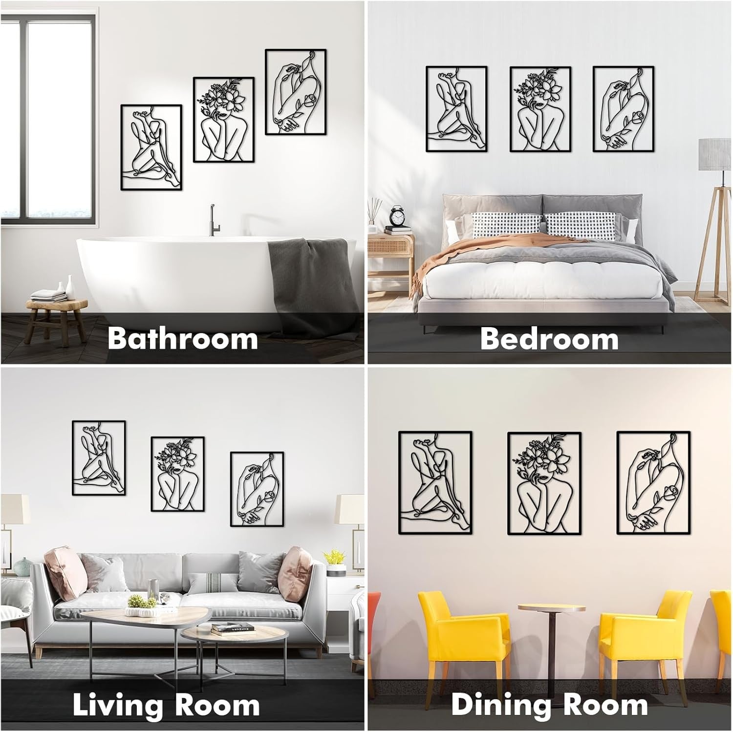 Black Metal Wall Art 3pc Abstract Female Line Panels