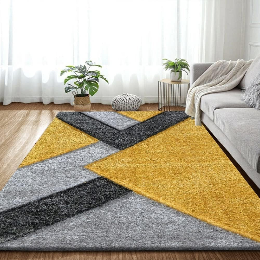Large Ochre Grey Geometric Shaggy Rug 160x230cm Soft Non Shed Area Carpet