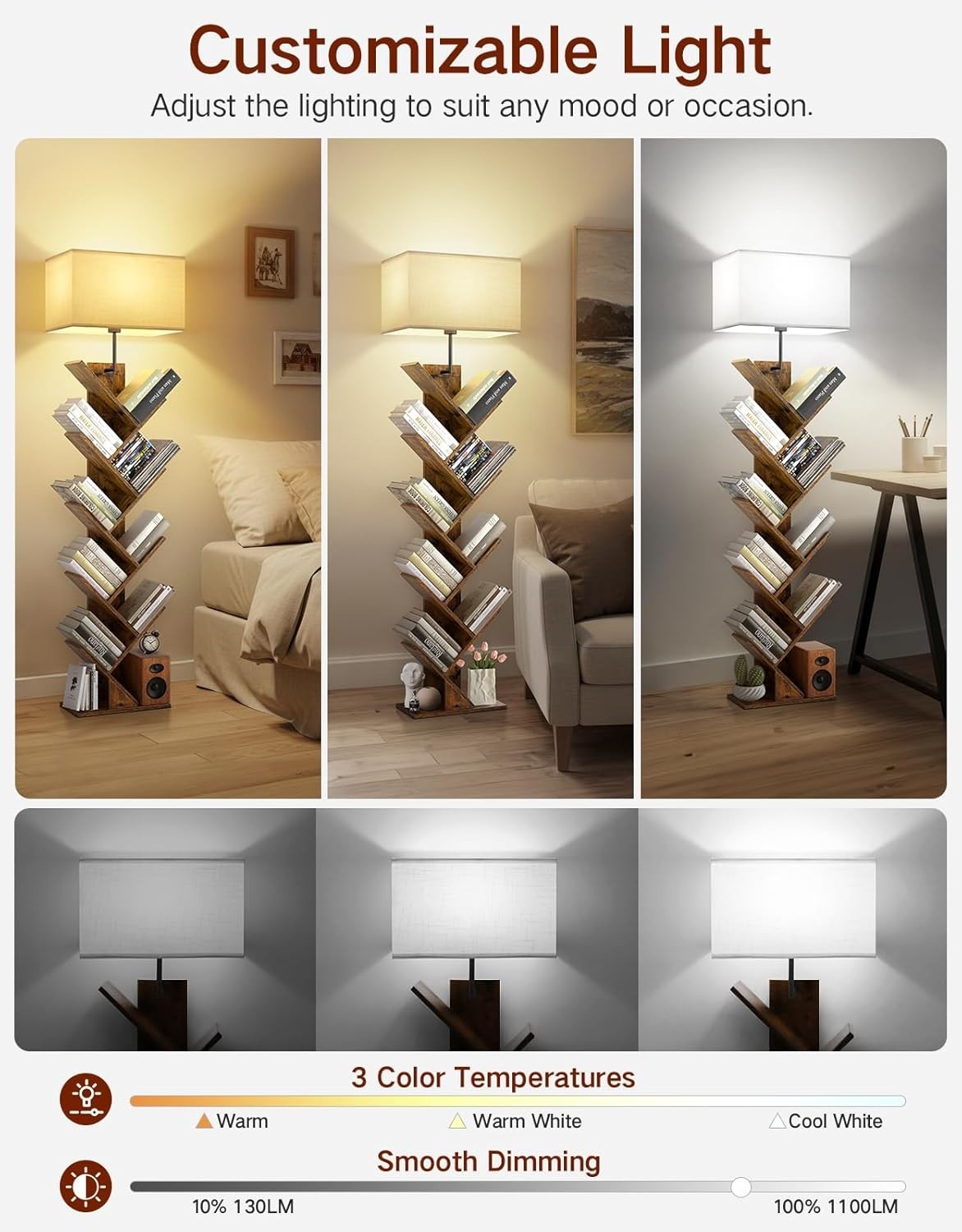 9 Tier Tree Bookshelf with LED Lamp Remote Rustic Brown Tall Narrow Shelf